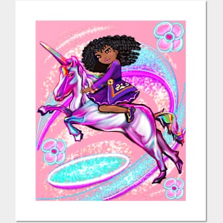 Curly hair Princess on a unicorn pony - black girl with curly afro hair on a horse. Black princess Posters and Art